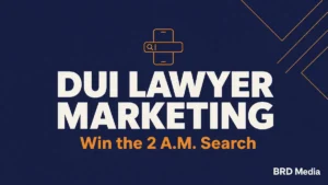 DUI lawyer marketing title graphic with the tagline Win the 2 A.M. Search