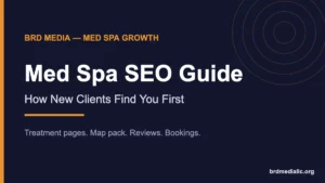 Med spa SEO guide title graphic on a dark navy background with orange accents