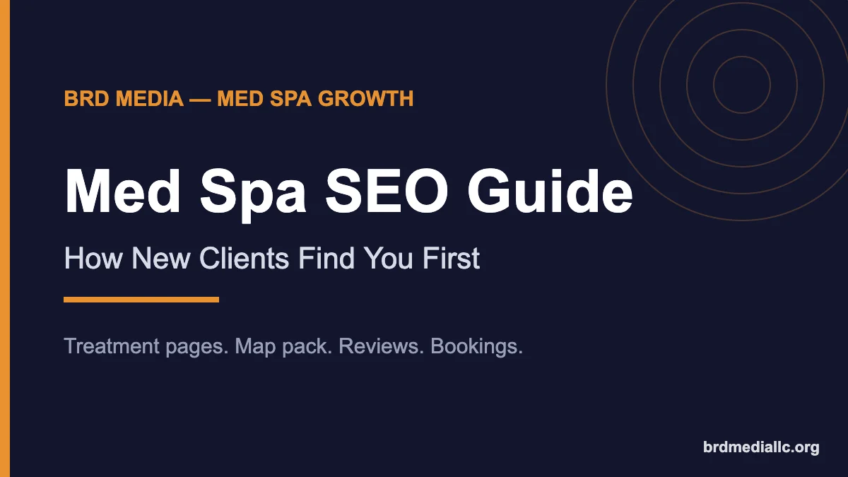 Med spa SEO guide title graphic on a dark navy background with orange accents