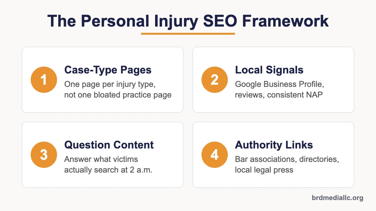 Four-part framework infographic covering case-type pages, local signals, question content, and authority links