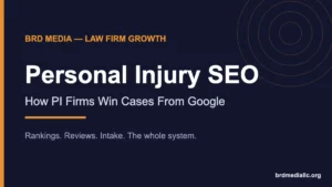 Personal injury SEO title graphic on a dark navy background with orange accents