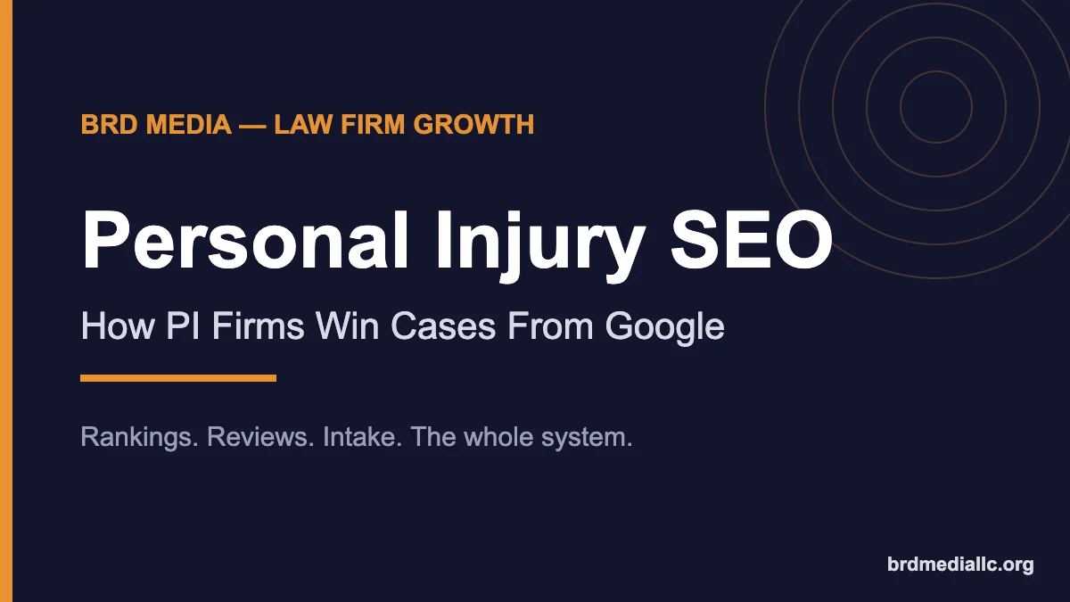 Personal injury SEO title graphic on a dark navy background with orange accents
