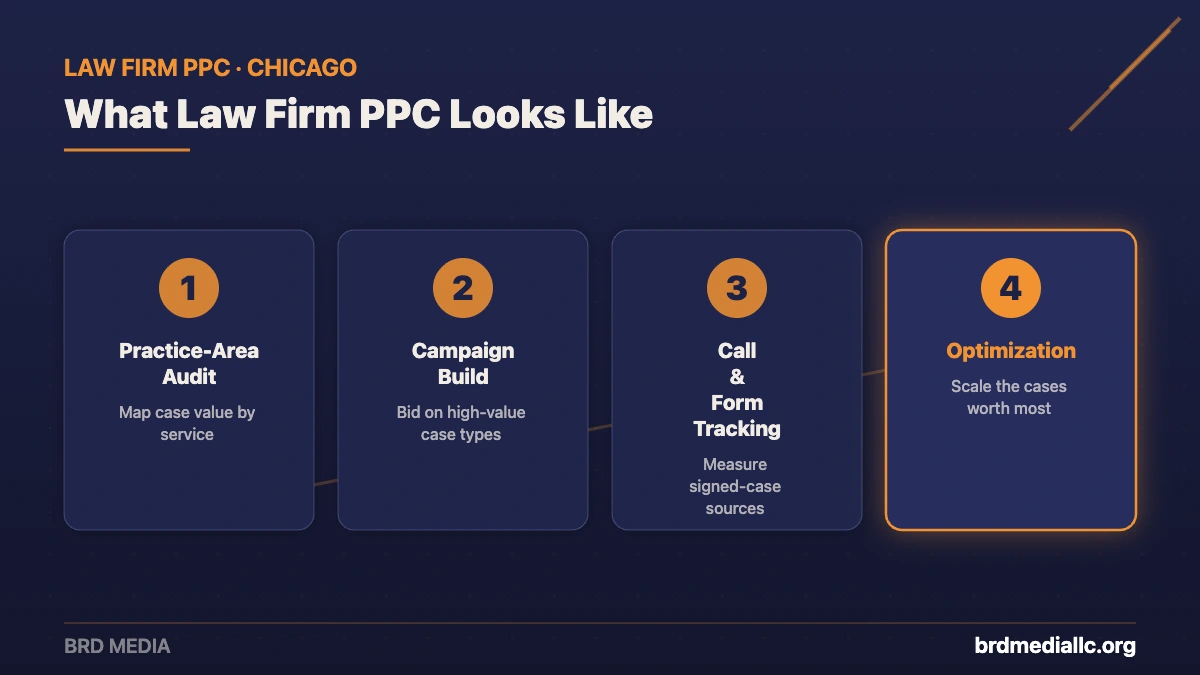 Four-step law firm PPC management process from BRD Media: practice-area audit, campaign build, call and form tracking, and optimization