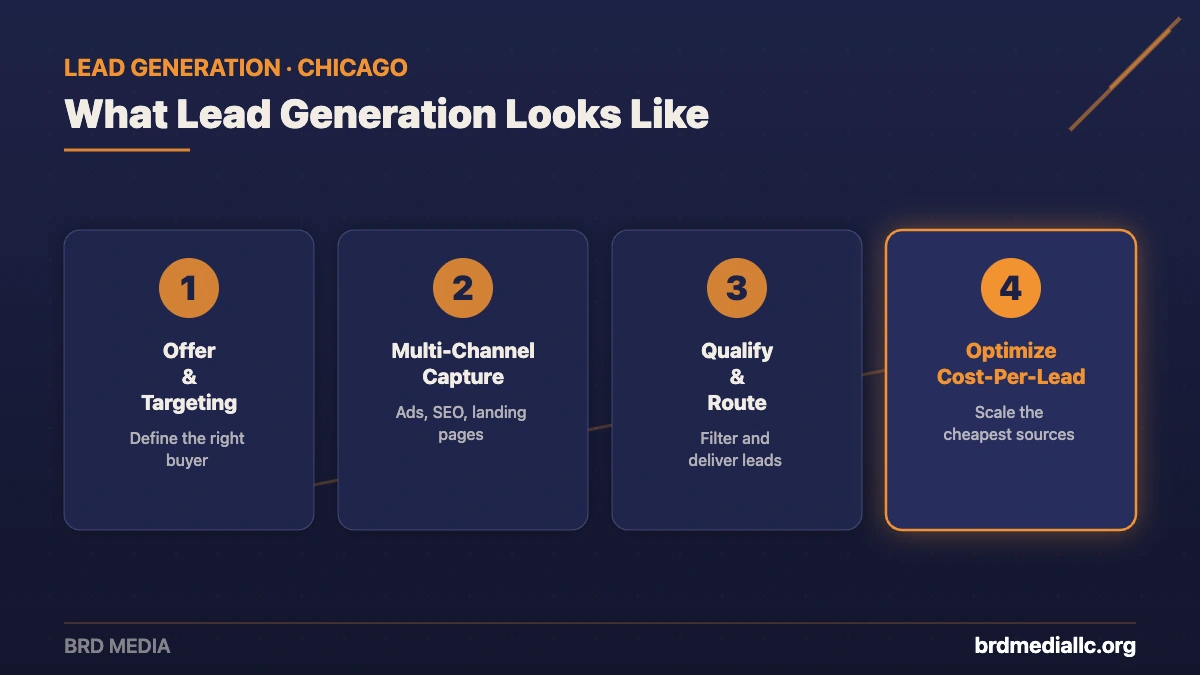 Four-step lead generation process from BRD Media: offer and targeting, multi-channel capture, qualify and route, and optimize cost per lead