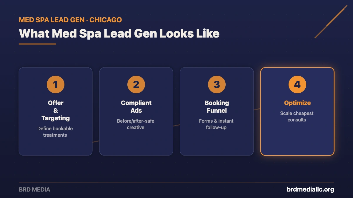 Four-step med spa lead generation process from BRD Media: offer and targeting, compliant ads, booking funnel, and optimize
