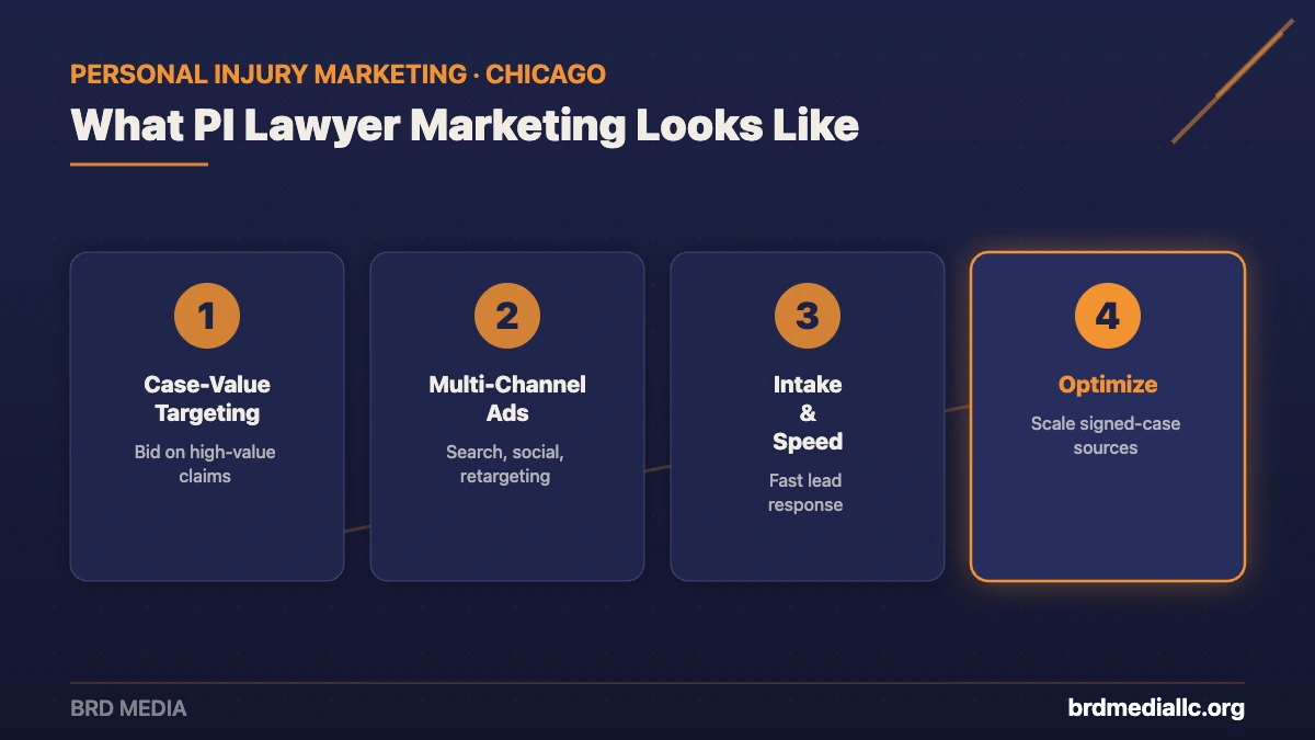 Four-step personal injury lawyer marketing process from BRD Media: case-value targeting, multi-channel ads, intake and speed, and optimize