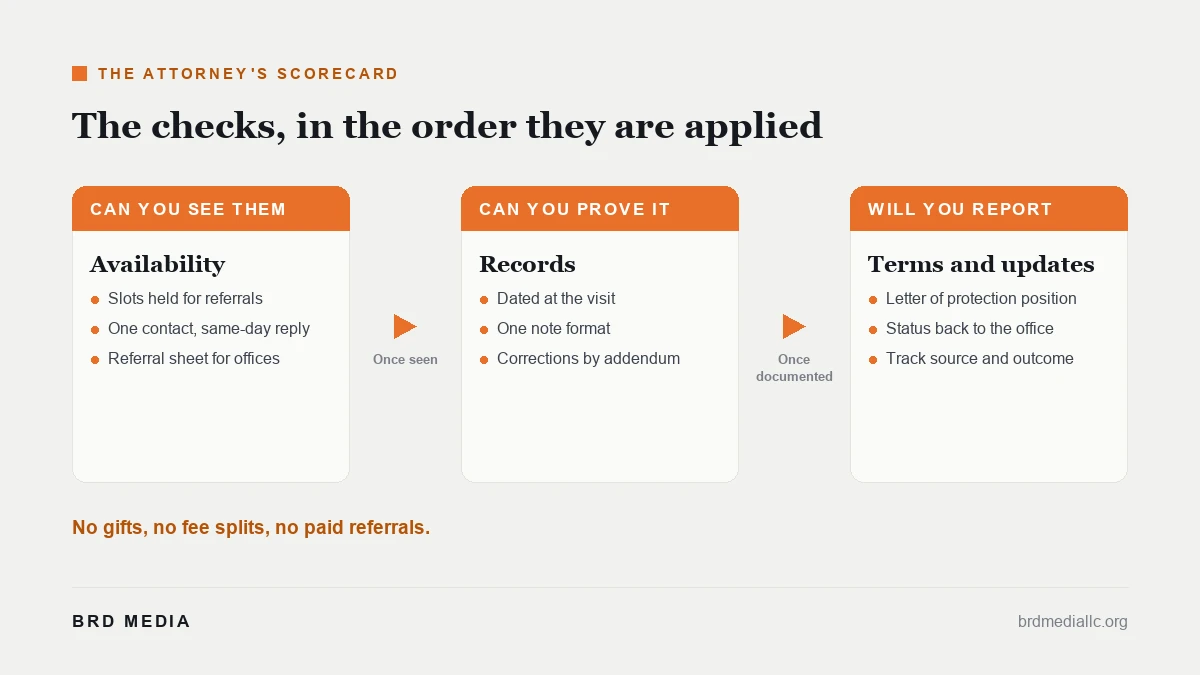 One-page scorecard of the checks an injury attorney applies to a chiropractic referral: availability, documentation, deposition readiness, letter of protection terms, status updates and referral source tracking